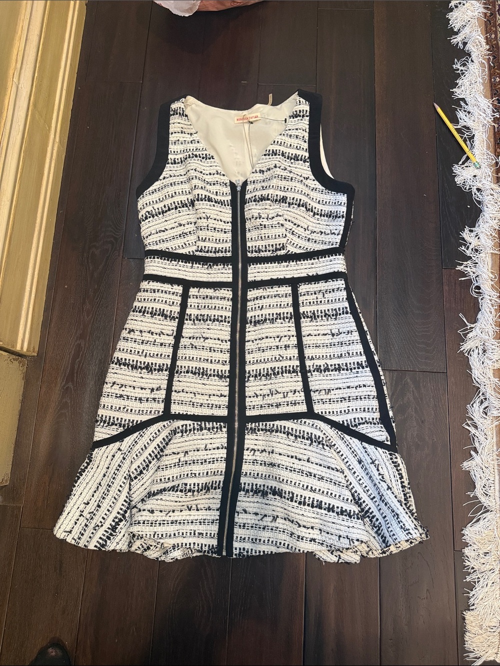Rebecca Taylor Black and White Textured Zip-front Fit & Flare Dress